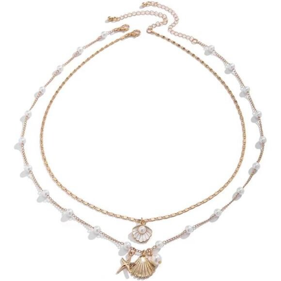 Jewelry - Ocean Wind Shell & Pearl Layered Necklace Set Boho Beach Cowrie Choker Beads
